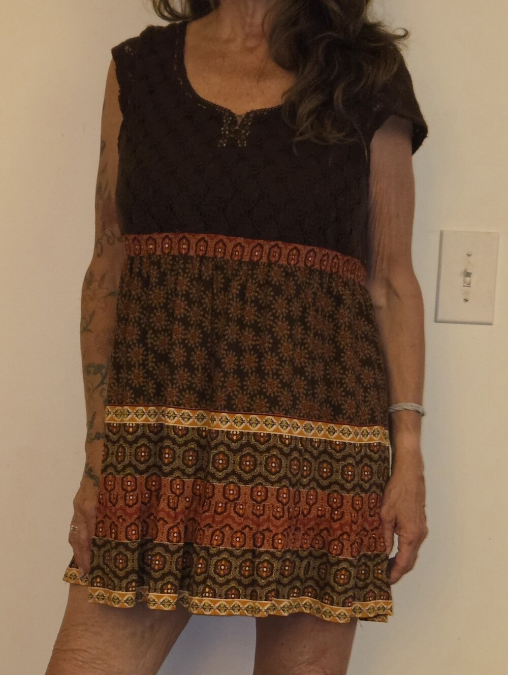 NY Collection Brown Crochet Top/Dress with Orange and Yellow Print